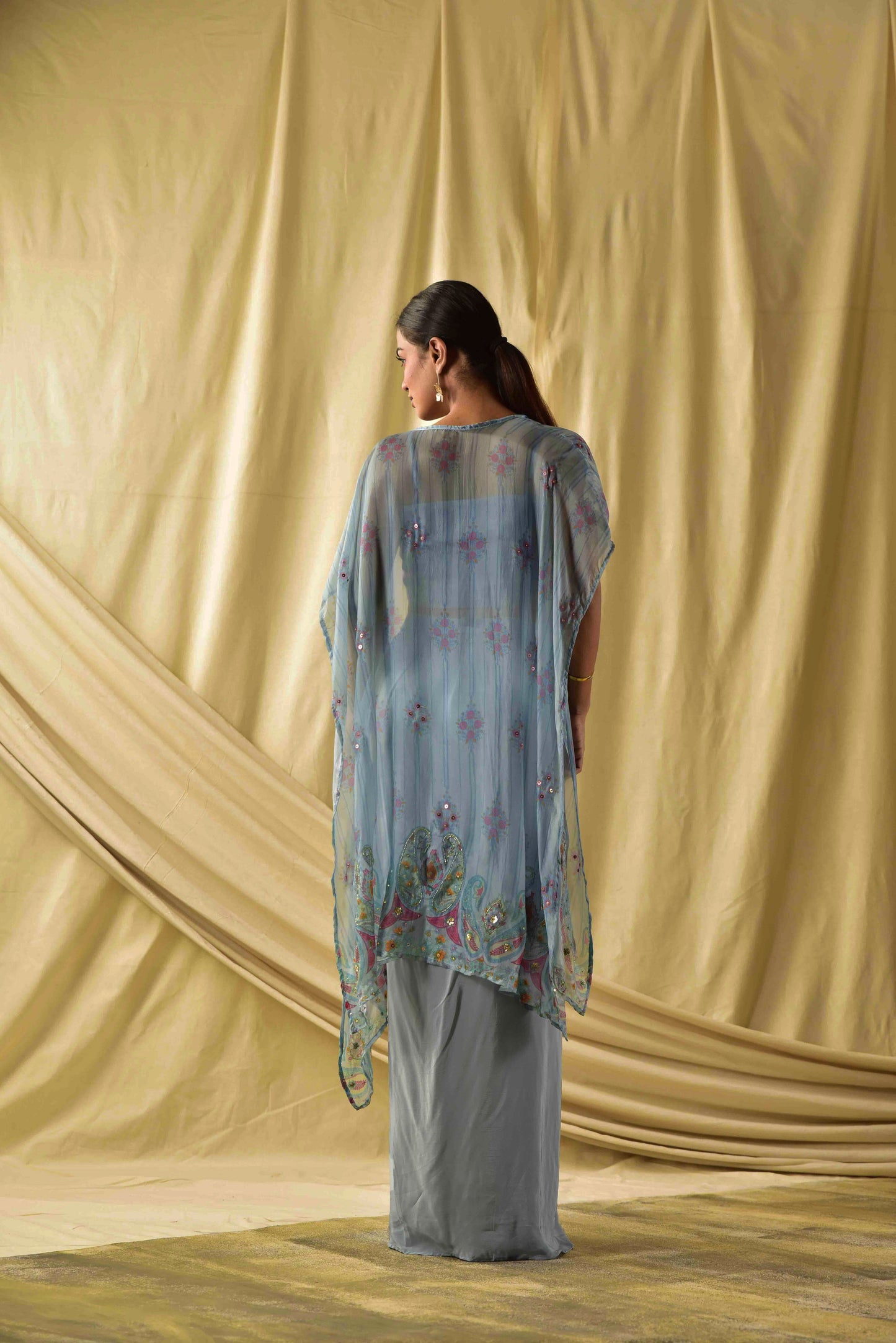 Dusty Blue Shrug and Draped Skirt Set