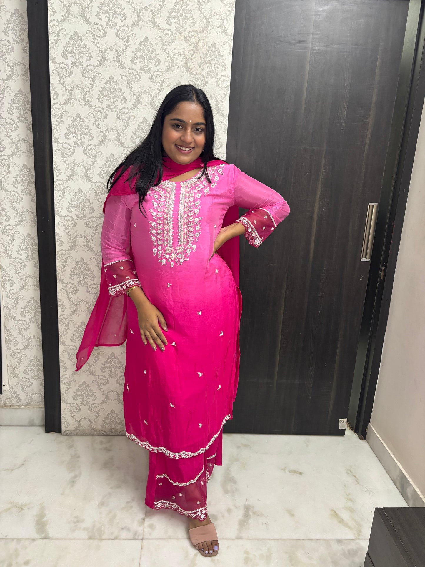 Fushia Pink Ombre Plazzao Suit Set