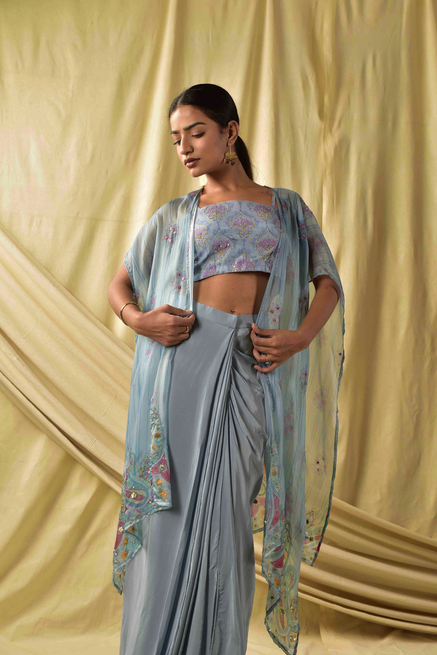 Dusty Blue Shrug and Draped Skirt Set