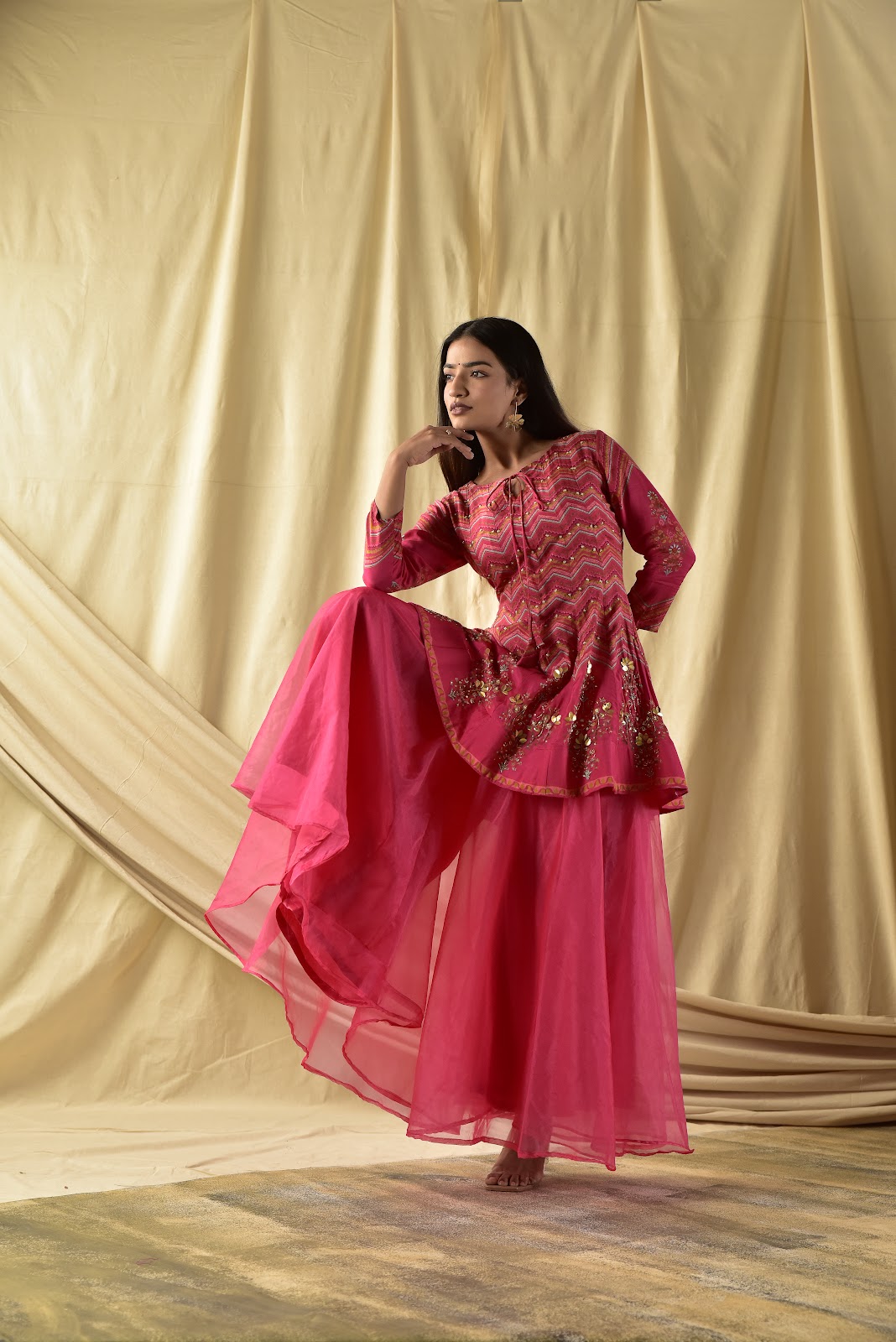 Fushia Pink Short kali Peplum and Plazzao set