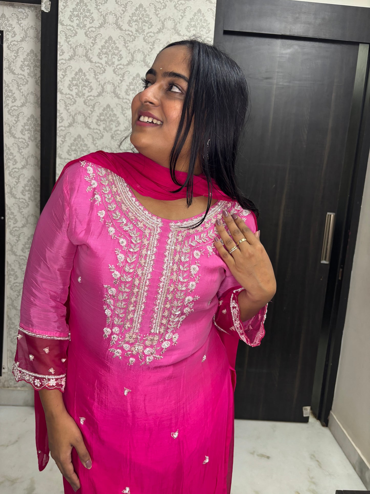 Fushia Pink Ombre Plazzao Suit Set