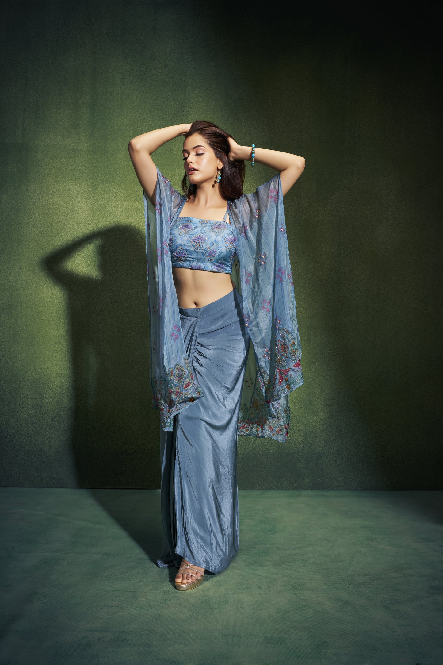 Dusty Blue Shrug and Draped Skirt Set