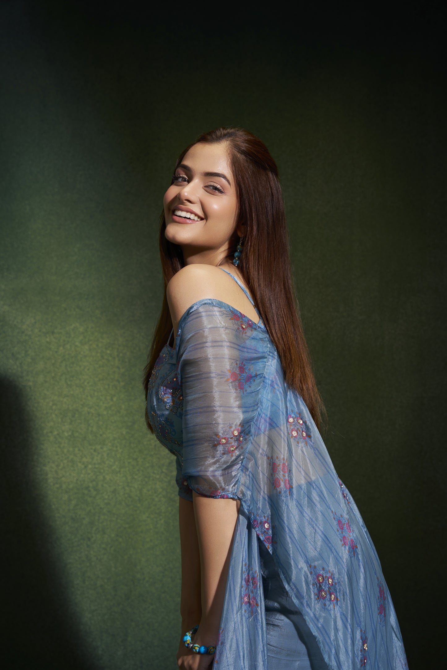 Dusty Blue Shrug and Draped Skirt Set