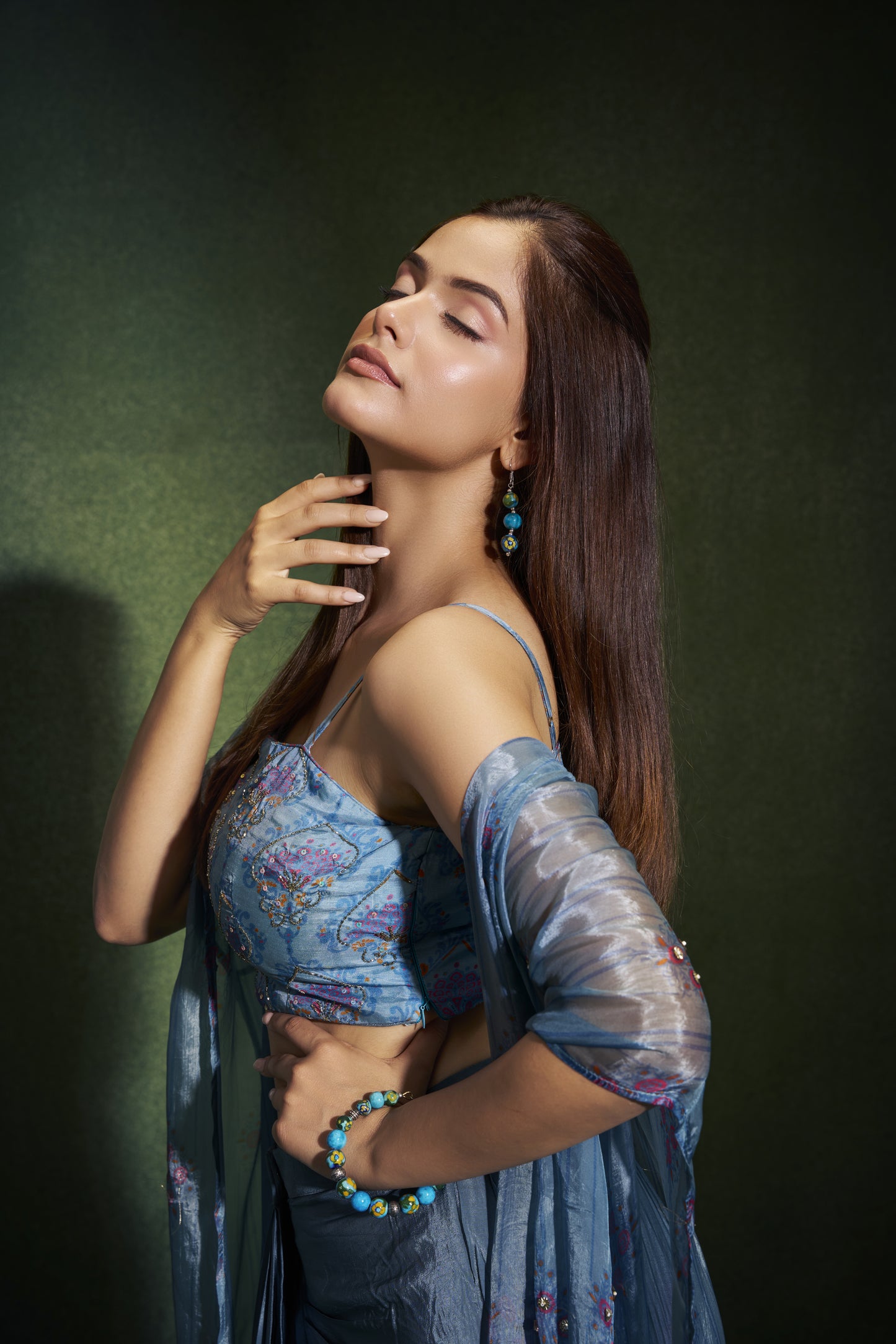 Dusty Blue Shrug and Draped Skirt Set