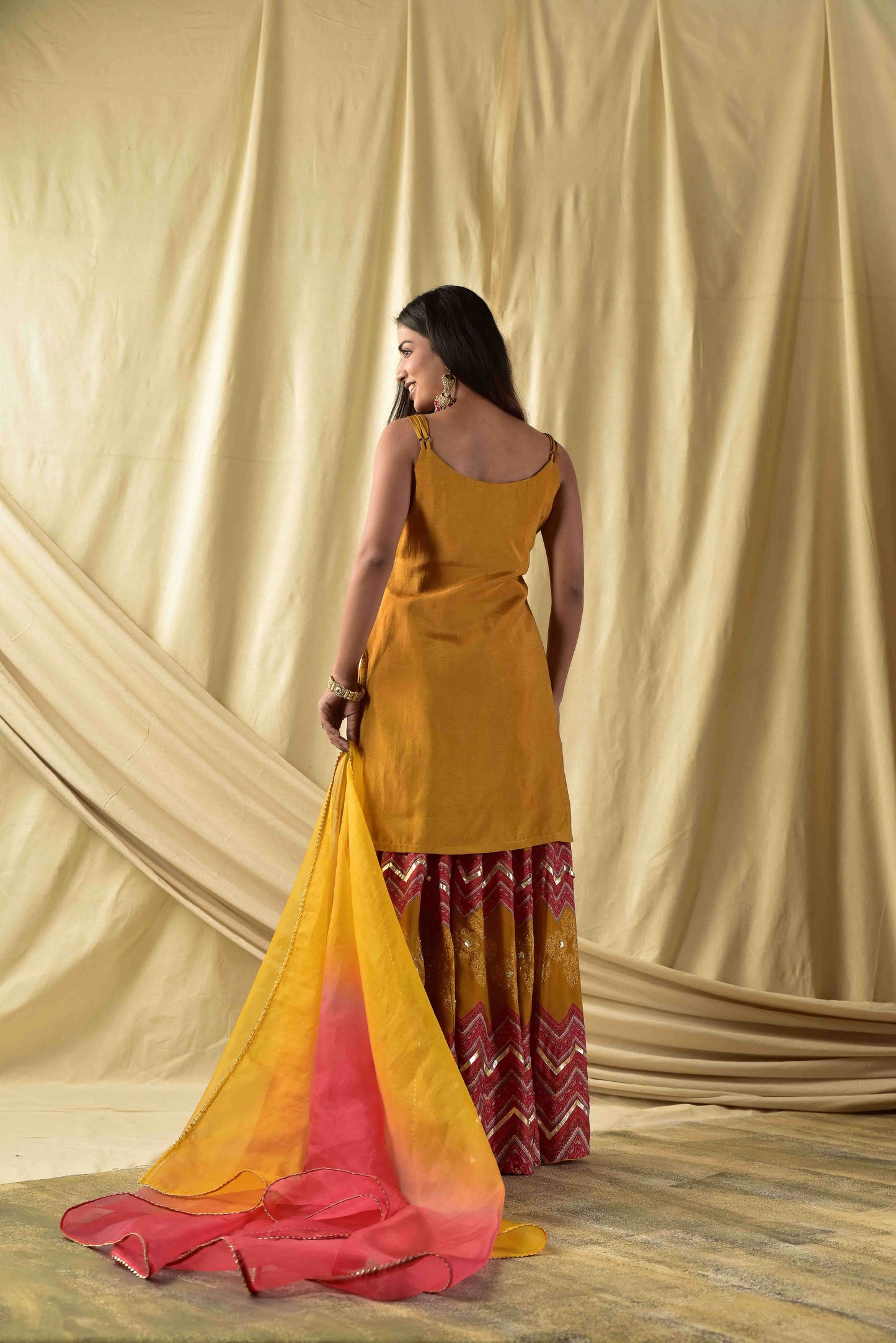 Burnt Yellow Kurta with Printed Sharara Set