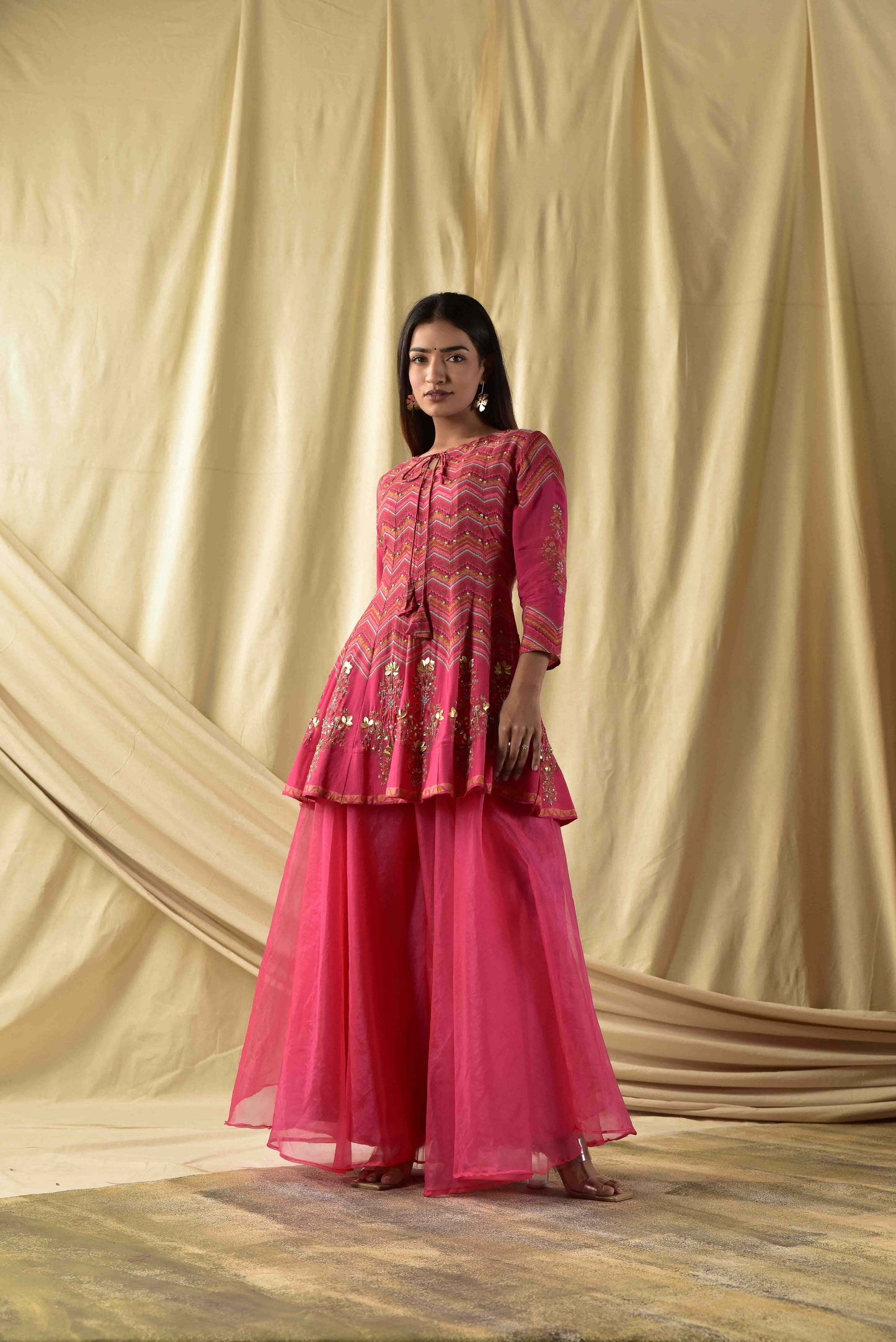 Fushia Pink Short kali Peplum and Plazzao set