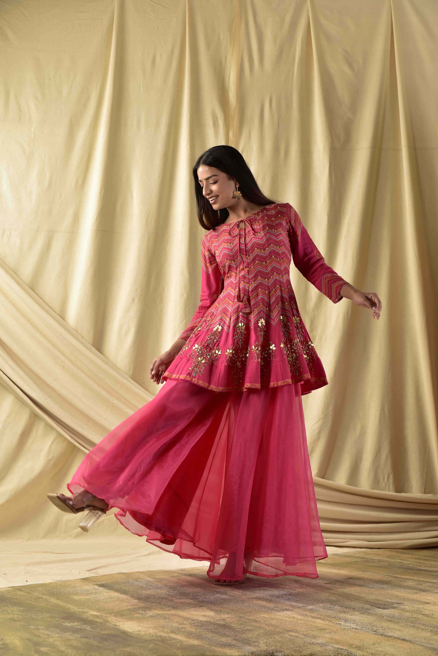 Fushia Pink Short kali Peplum and Plazzao set