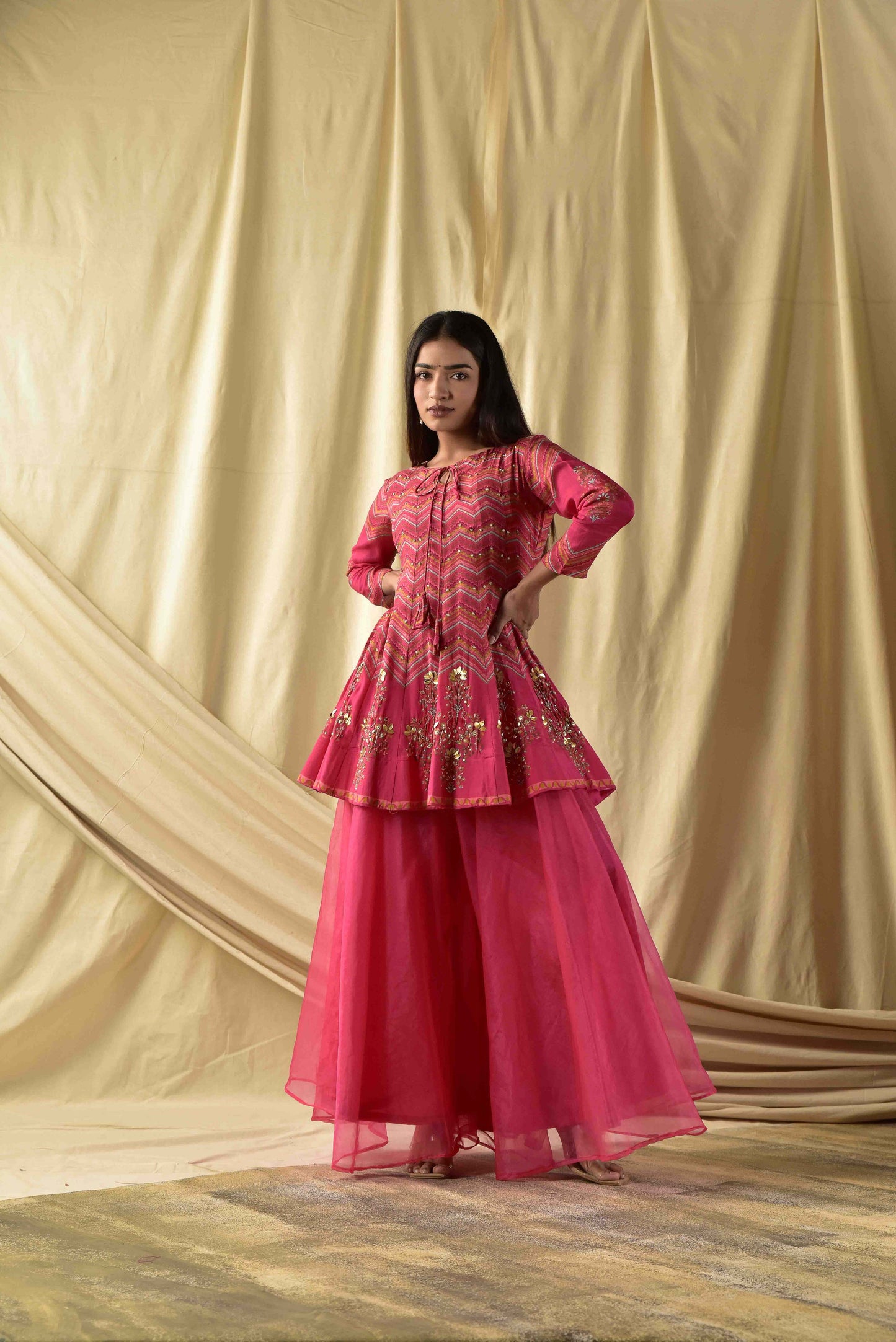 Fushia Pink Short kali Peplum and Plazzao set