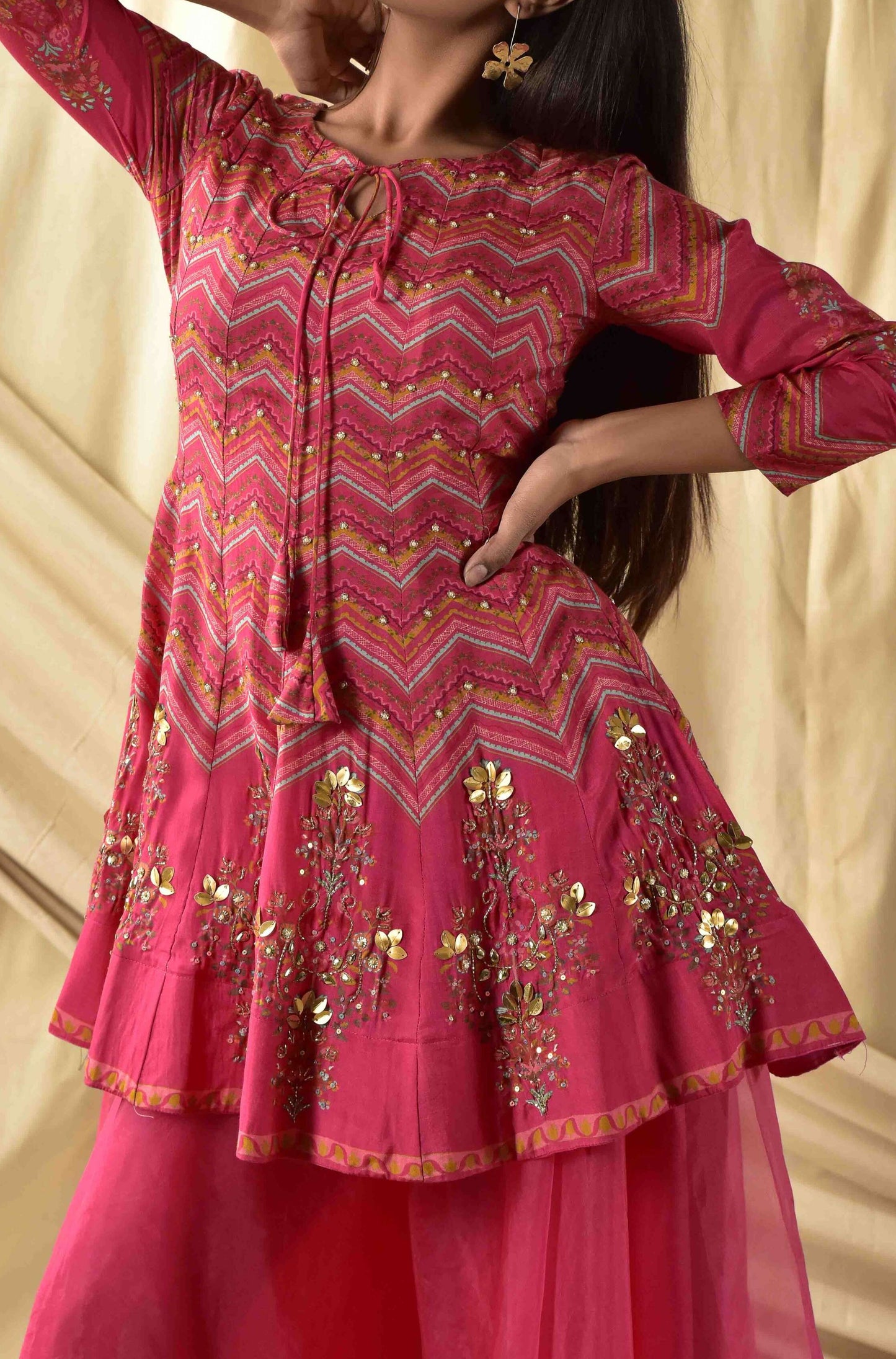 Fushia Pink Short kali Peplum and Plazzao set