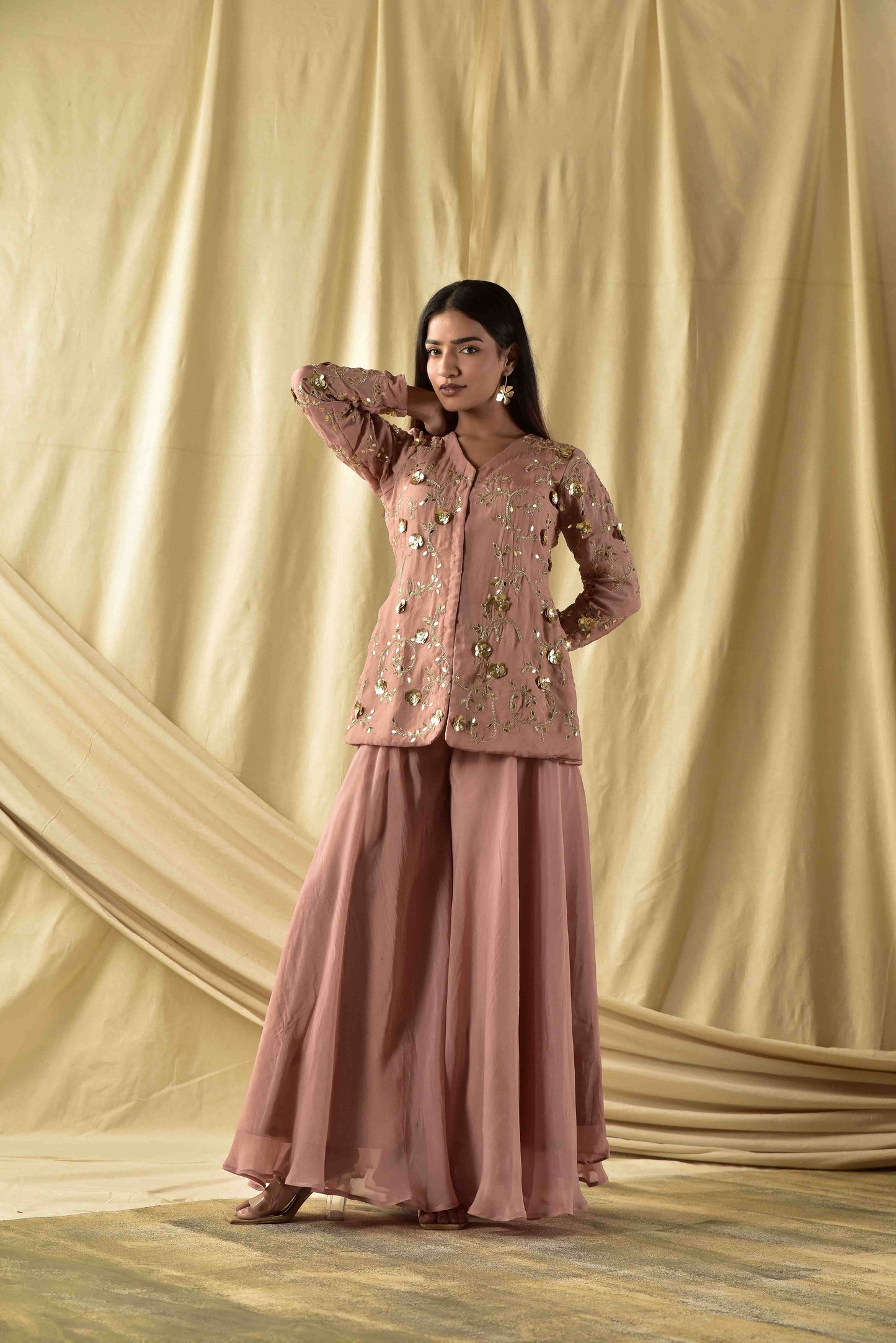 Beige Baghicha Peplum Kurta and Plazzao Set