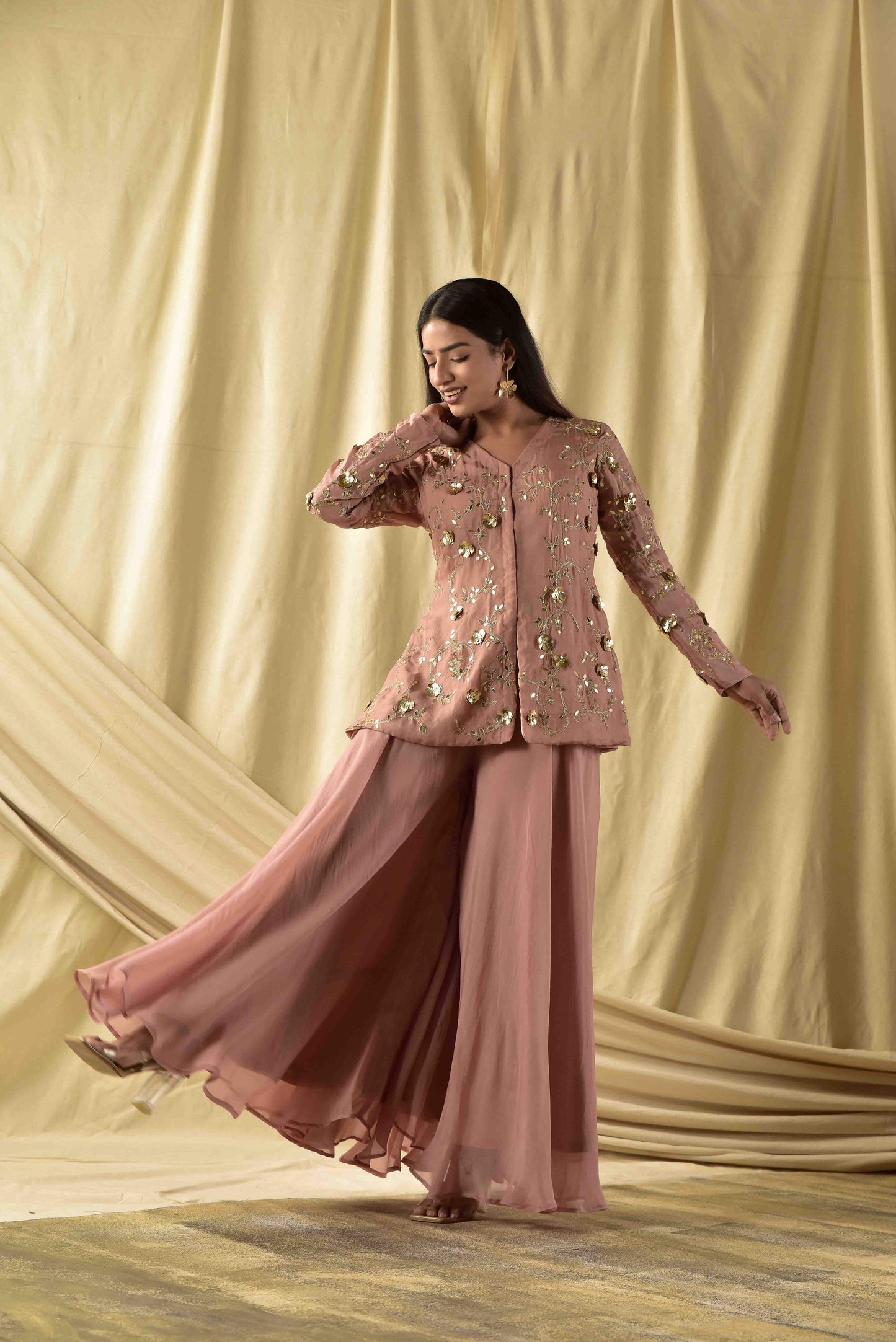 Beige Baghicha Peplum Kurta and Plazzao Set