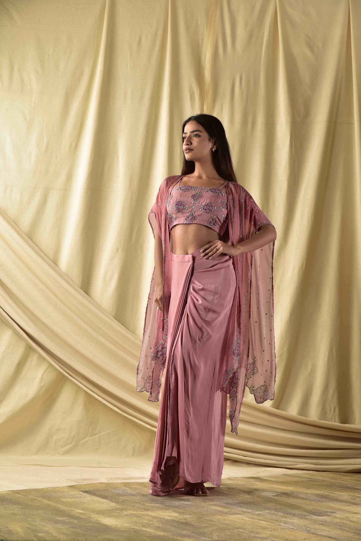 Mauve Pink Shrug and Draped Skirt Set