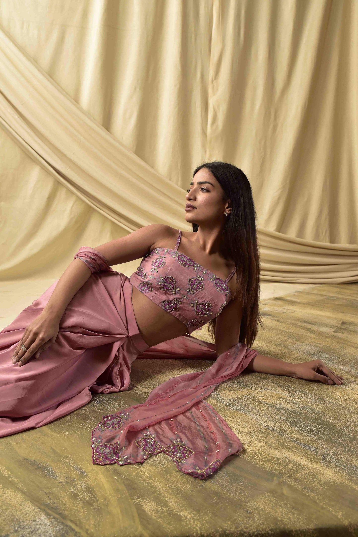 Mauve Pink Shrug and Draped Skirt Set