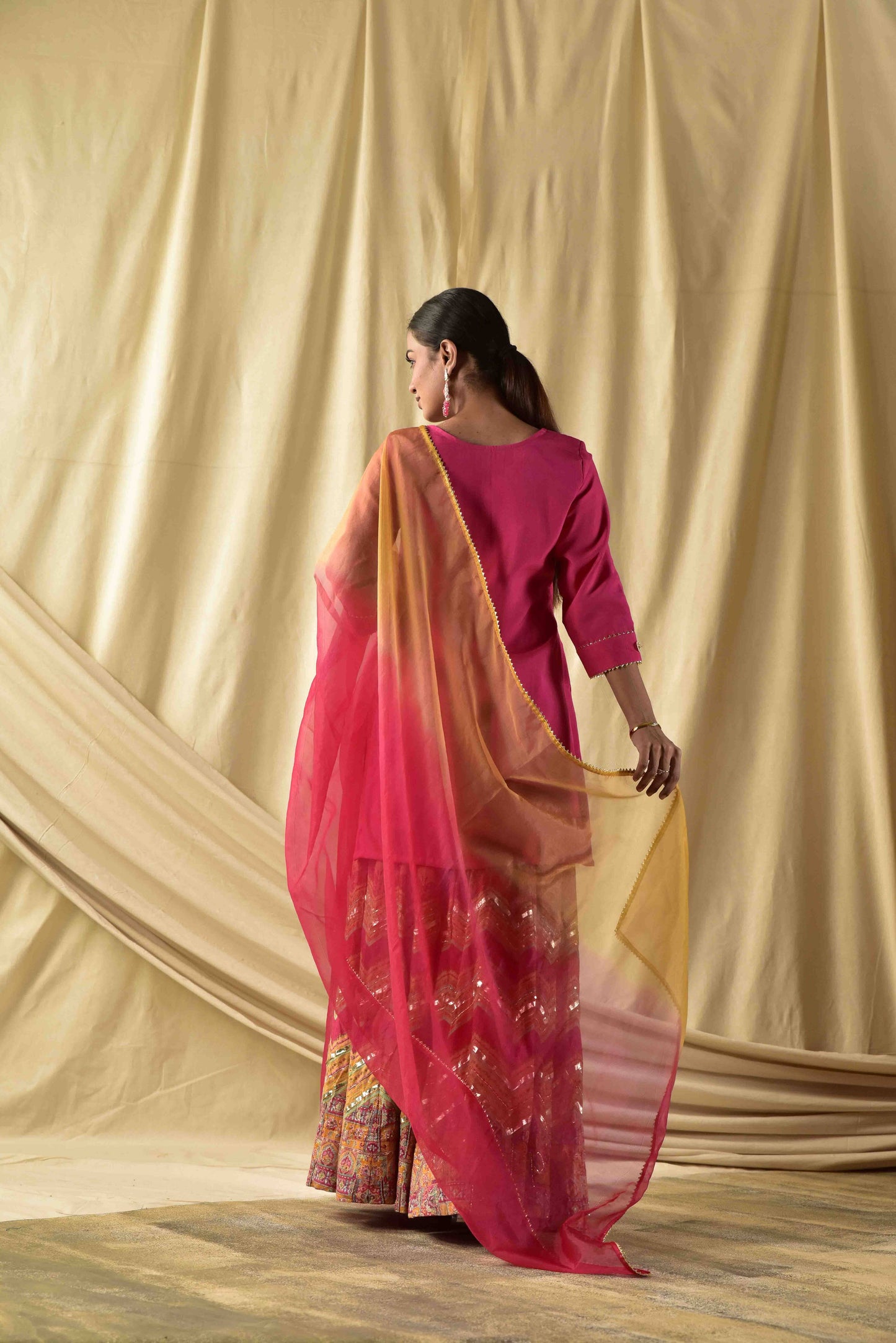 Sober Pink Kurta with Printed Kali Sharara Set