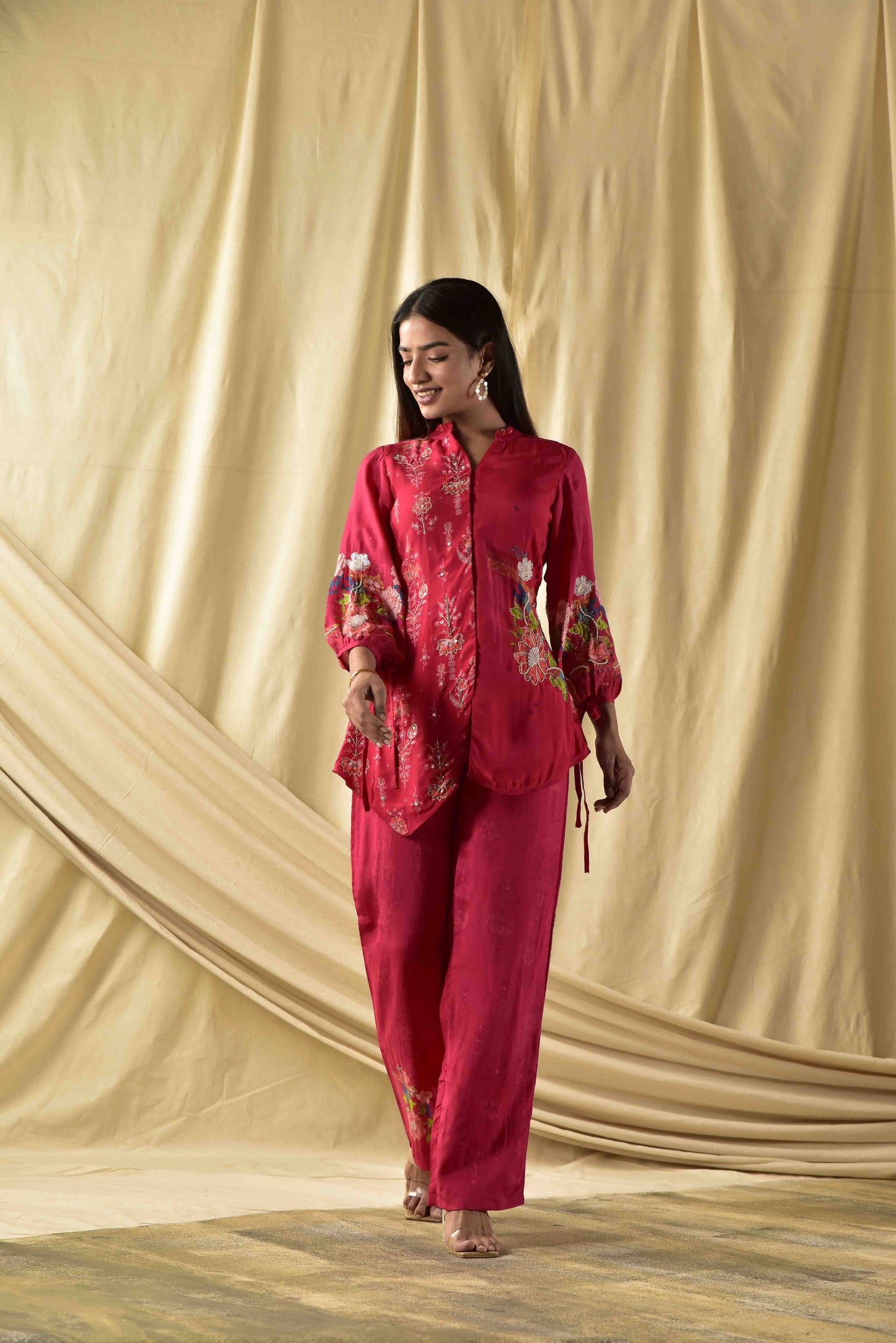 Cherry Red Floral Jaal Co-ord Set