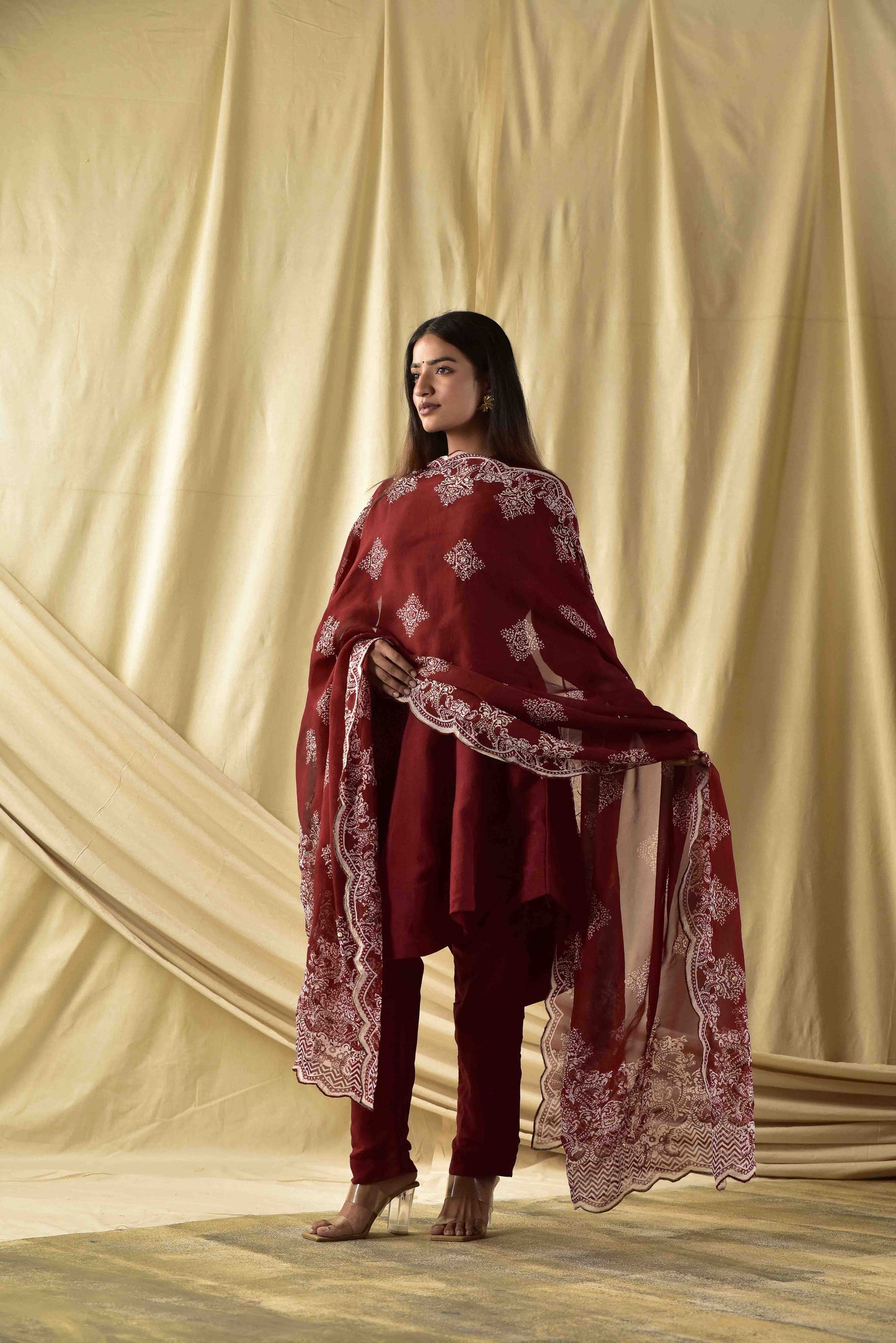 Maroon Assymetrical Kurta Set