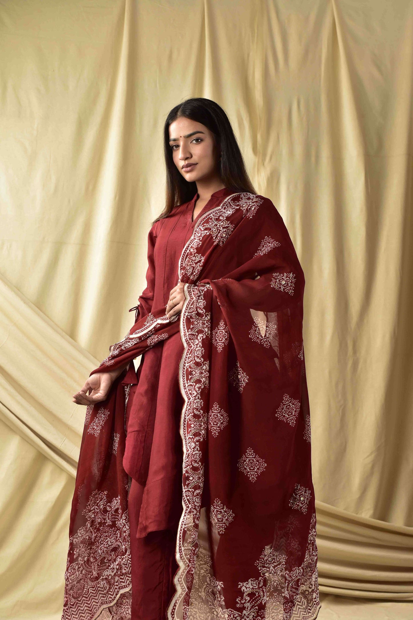 Maroon Assymetrical Kurta Set