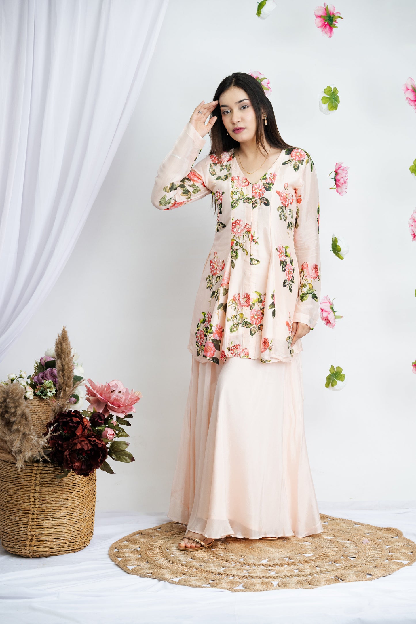 Creame Gulab Peplum Plazzao Set
