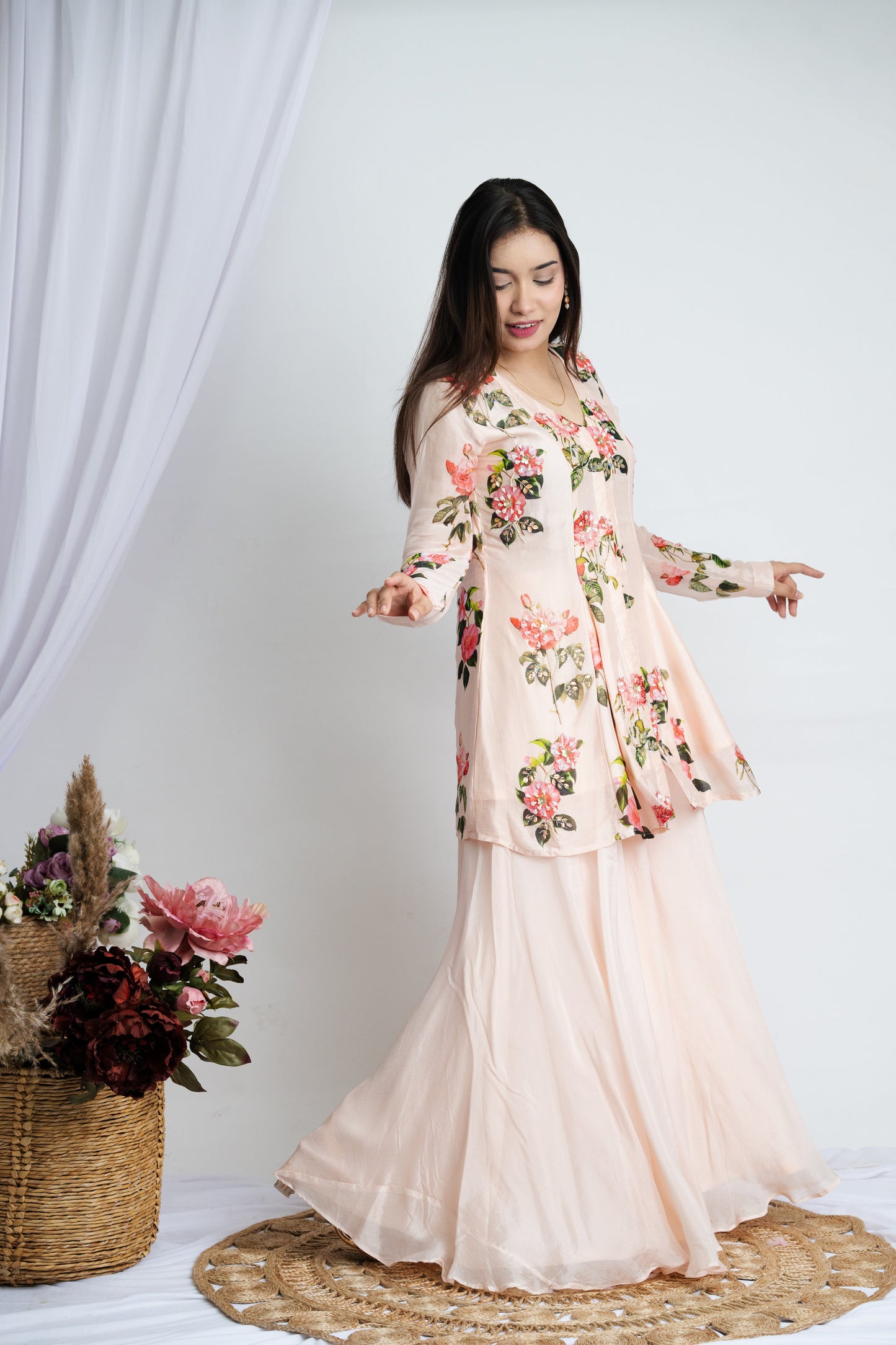 Creame Gulab Peplum Plazzao Set