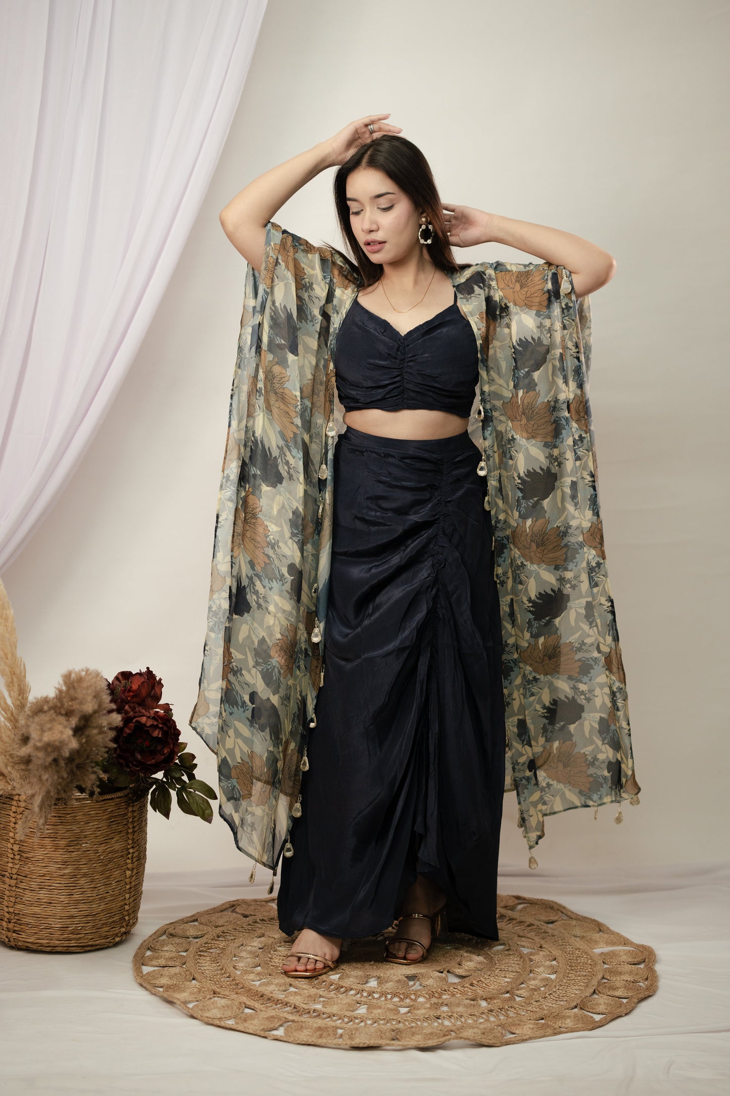 Navy Blue Gulab Shrug and draped skirt set