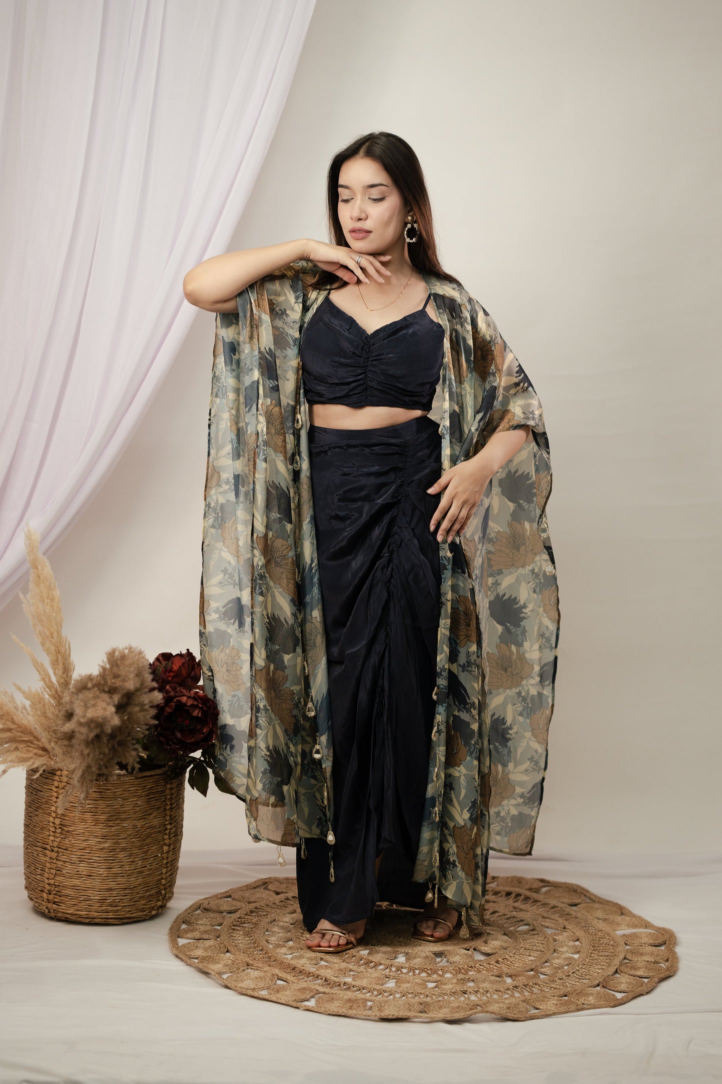 Navy Blue Gulab Shrug and draped skirt set