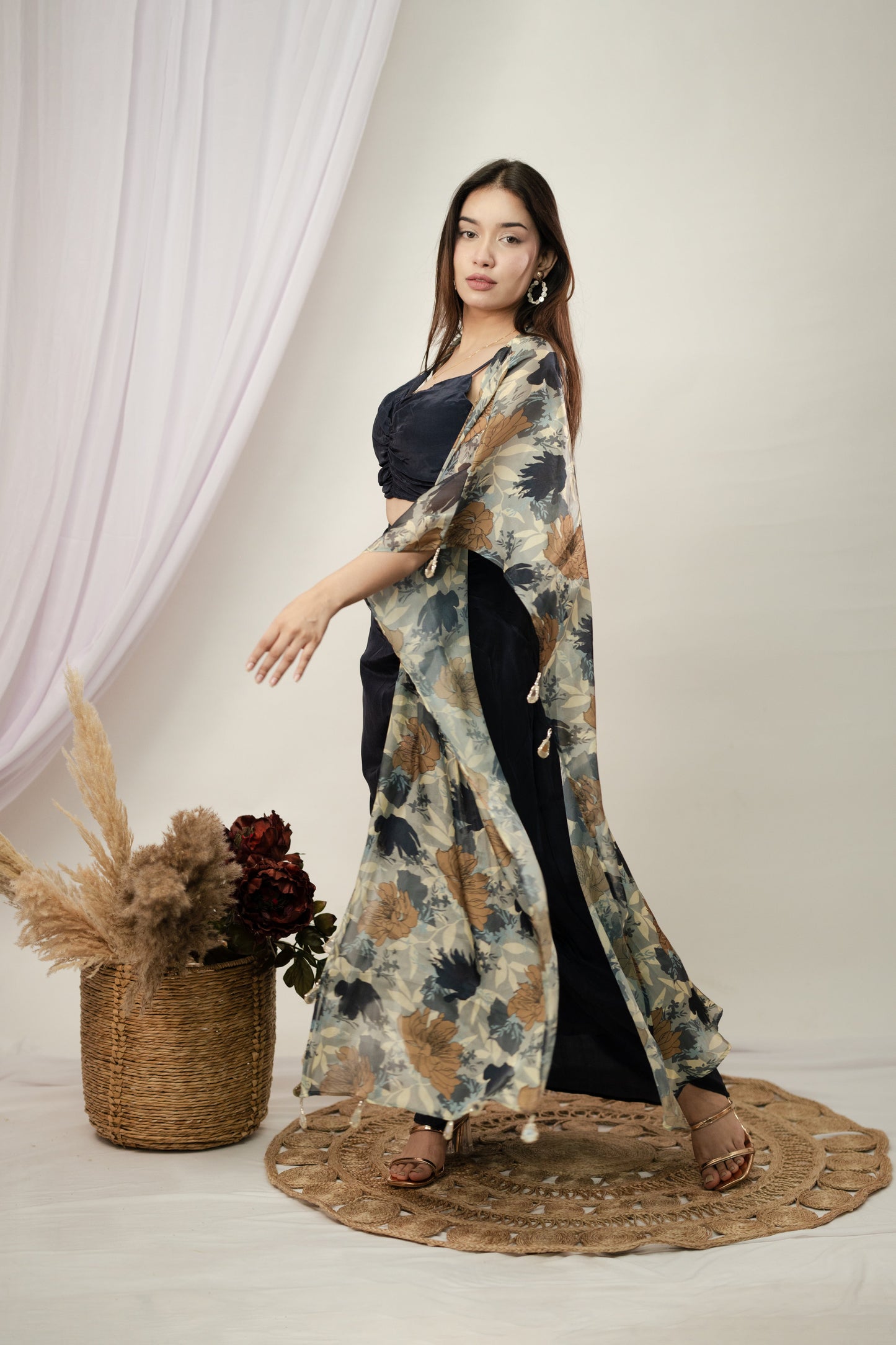 Navy Blue Gulab Shrug and draped skirt set