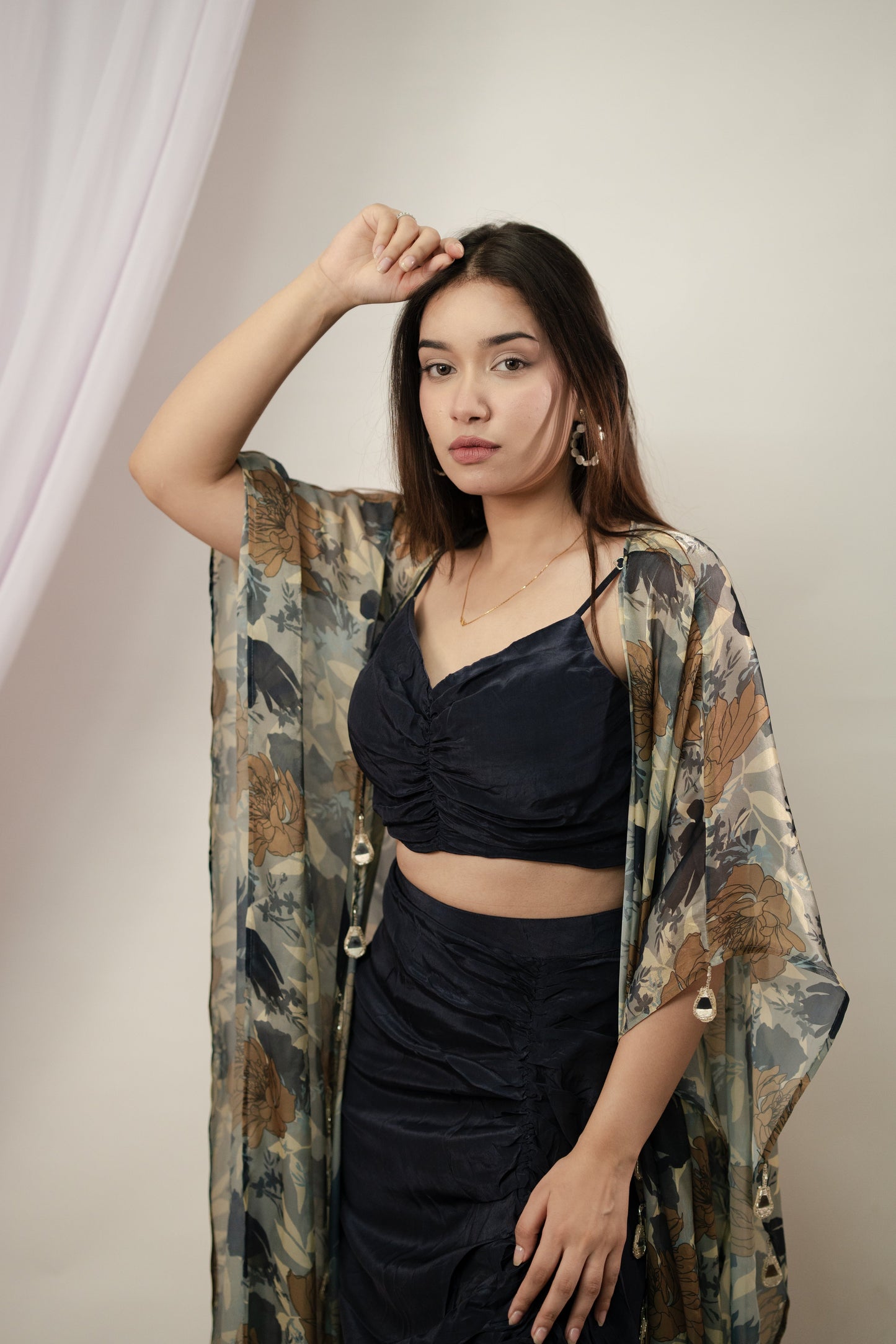Navy Blue Gulab Shrug and draped skirt set