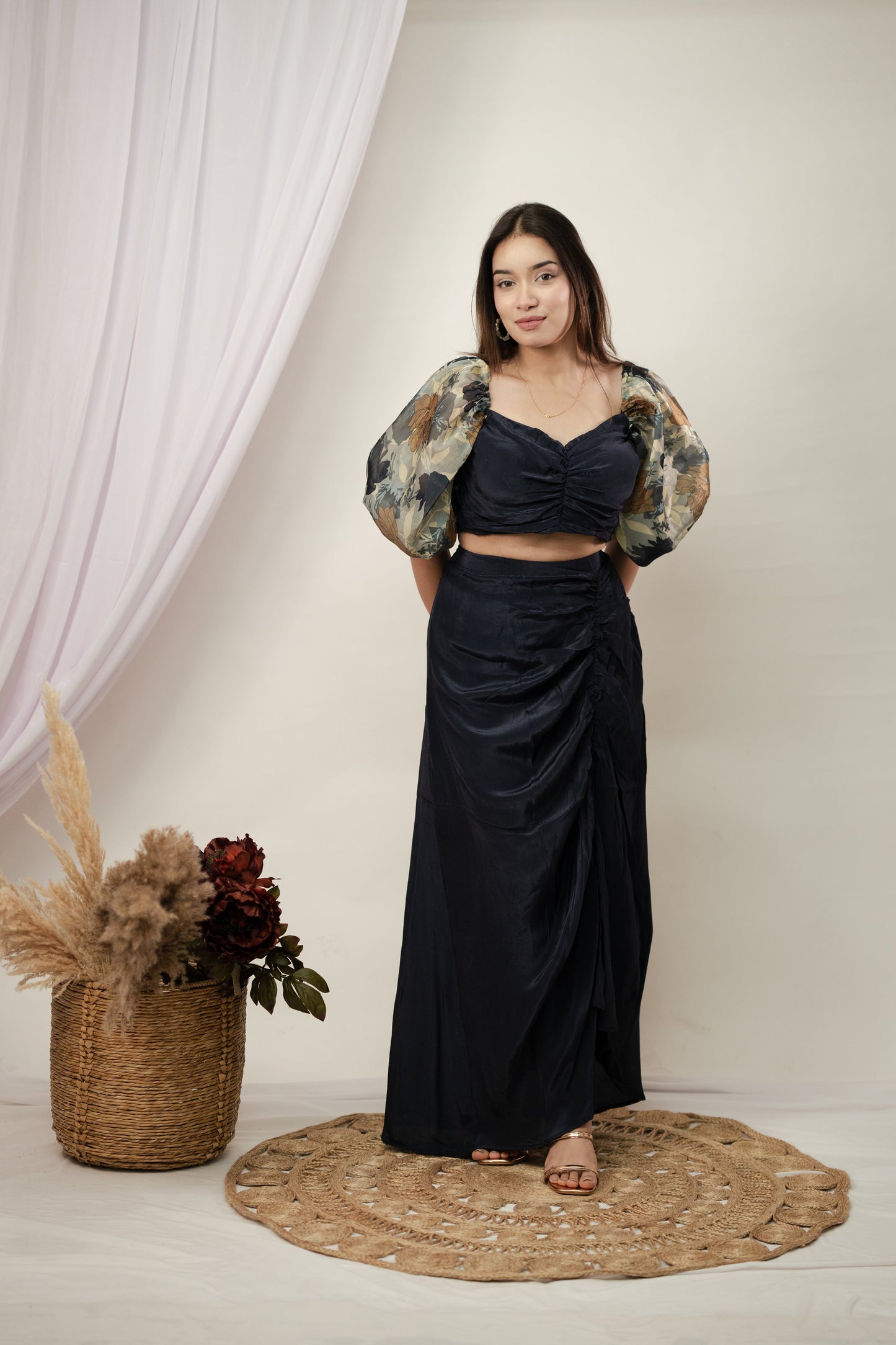 Navy Blue Gulab Top and draped skirt set