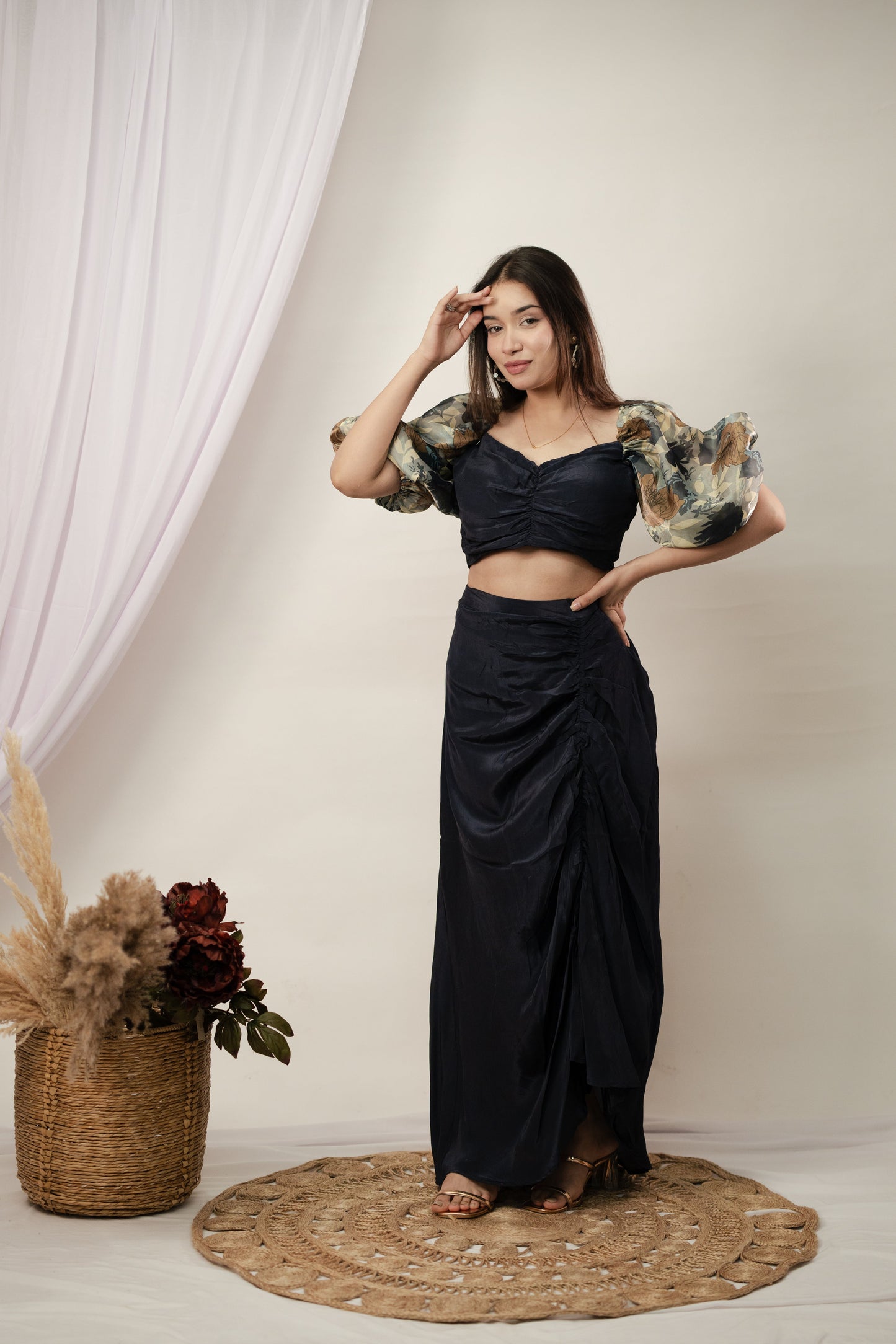 Navy Blue Gulab Top and draped skirt set