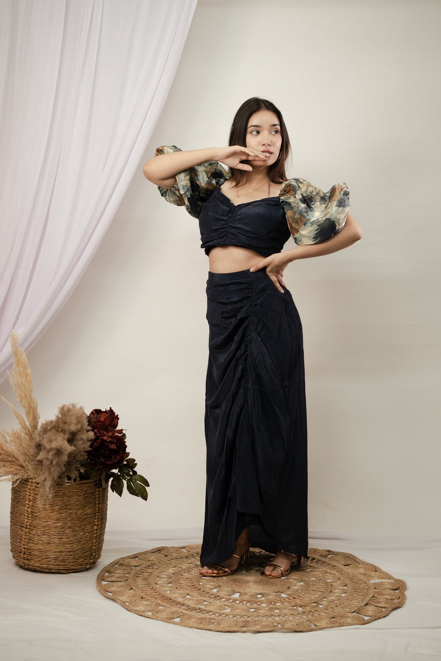 Navy Blue Gulab Top and draped skirt set