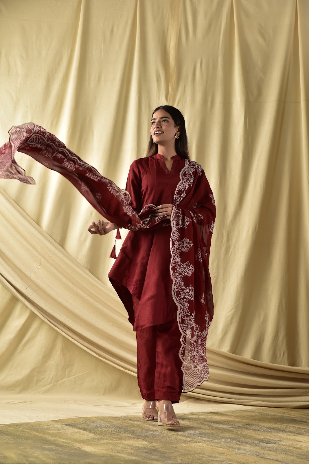 Maroon Assymetrical Kurta Set