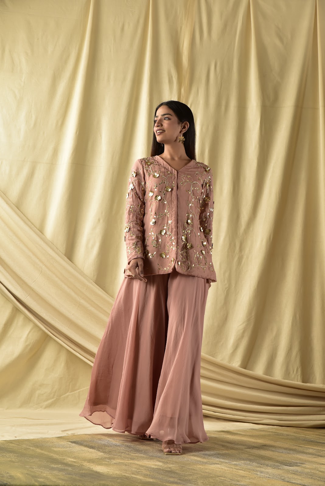 Beige Baghicha Peplum Kurta and Plazzao Set