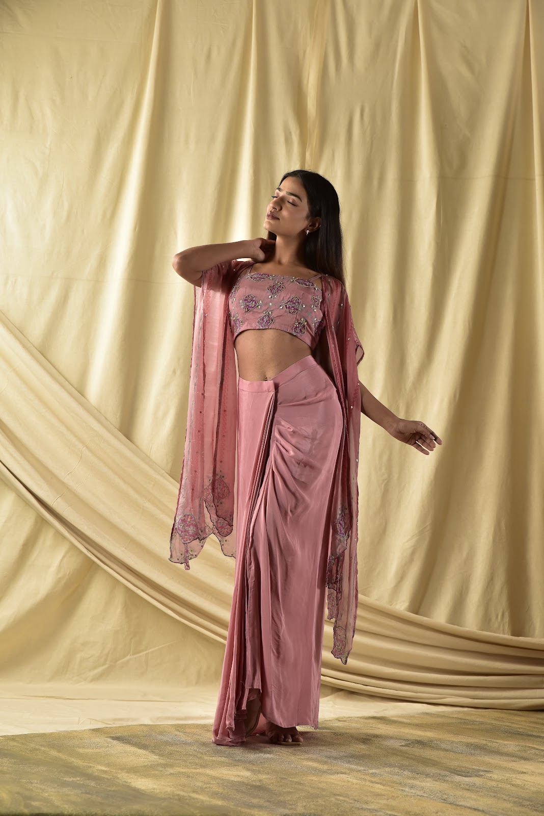 Mauve Pink Shrug and Draped Skirt Set