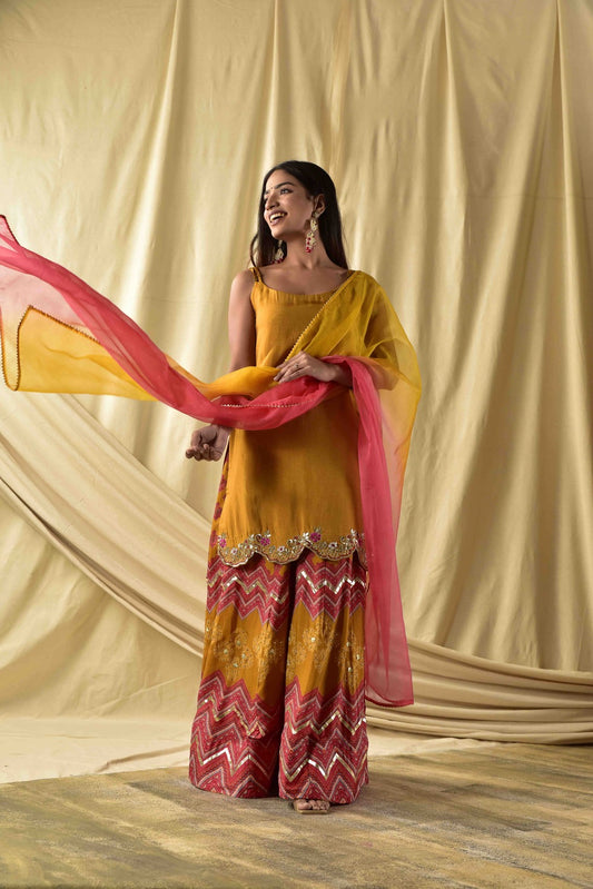 Burnt Yellow Kurta with Printed Sharara Set