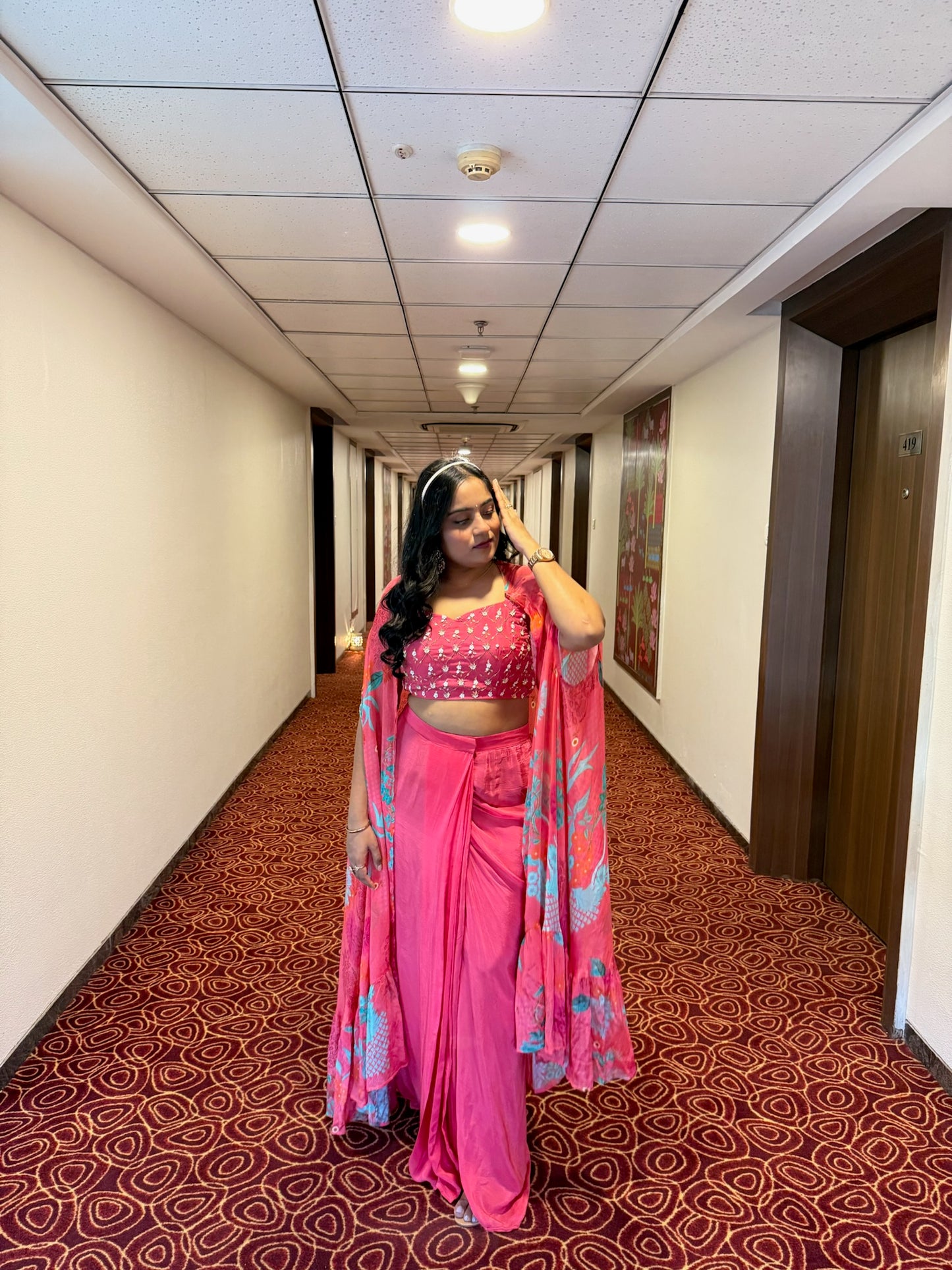 Bright Flamingo PInk Shrug and Draped Skirt Set