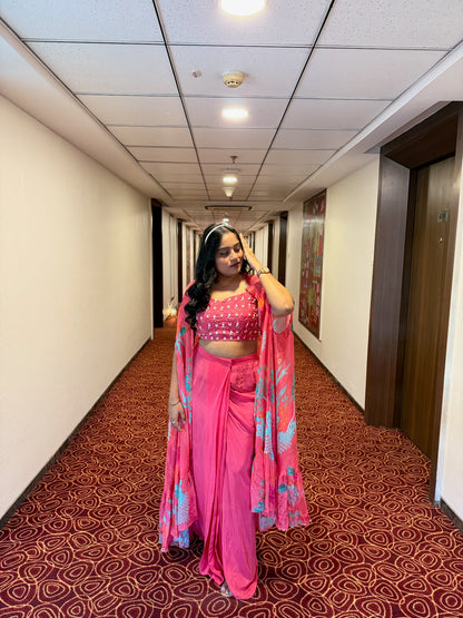 Bright Flamingo PInk Shrug and Draped Skirt Set