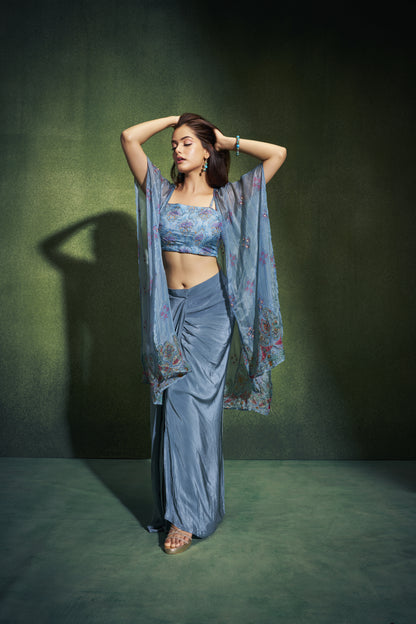 Dusty Blue  Shrug and Draped Skirt Set