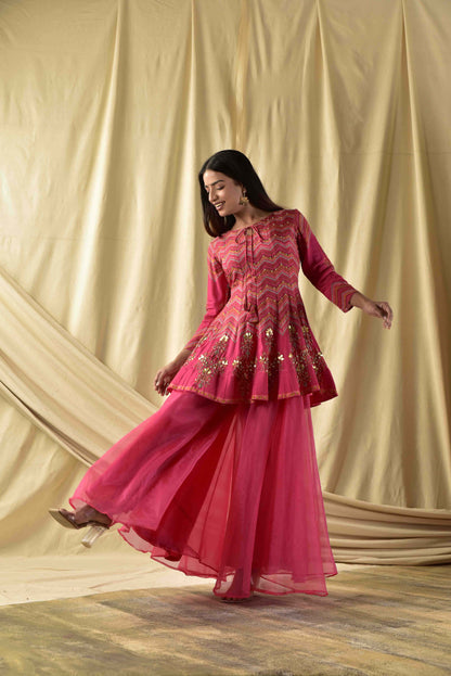 Fushia Pink Short kali Peplum and Plazzao set