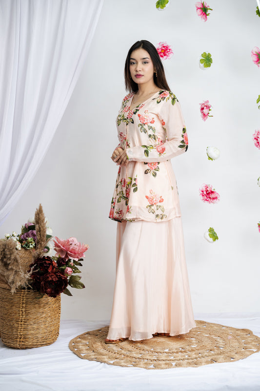 Creame Gulab Peplum Plazzao Set