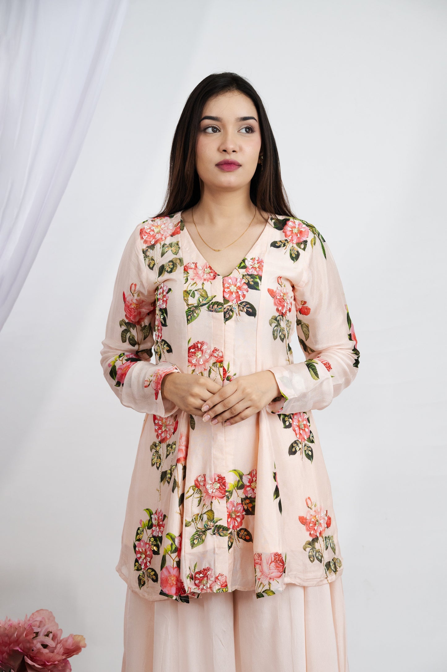 Creame Gulab Peplum Plazzao Set