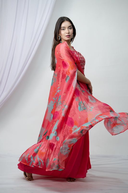 Bright Flamingo PInk Shrug and Draped Skirt Set
