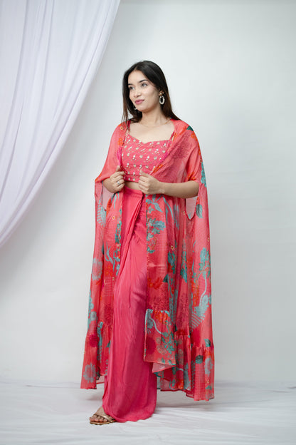 Bright Flamingo PInk Shrug and Draped Skirt Set
