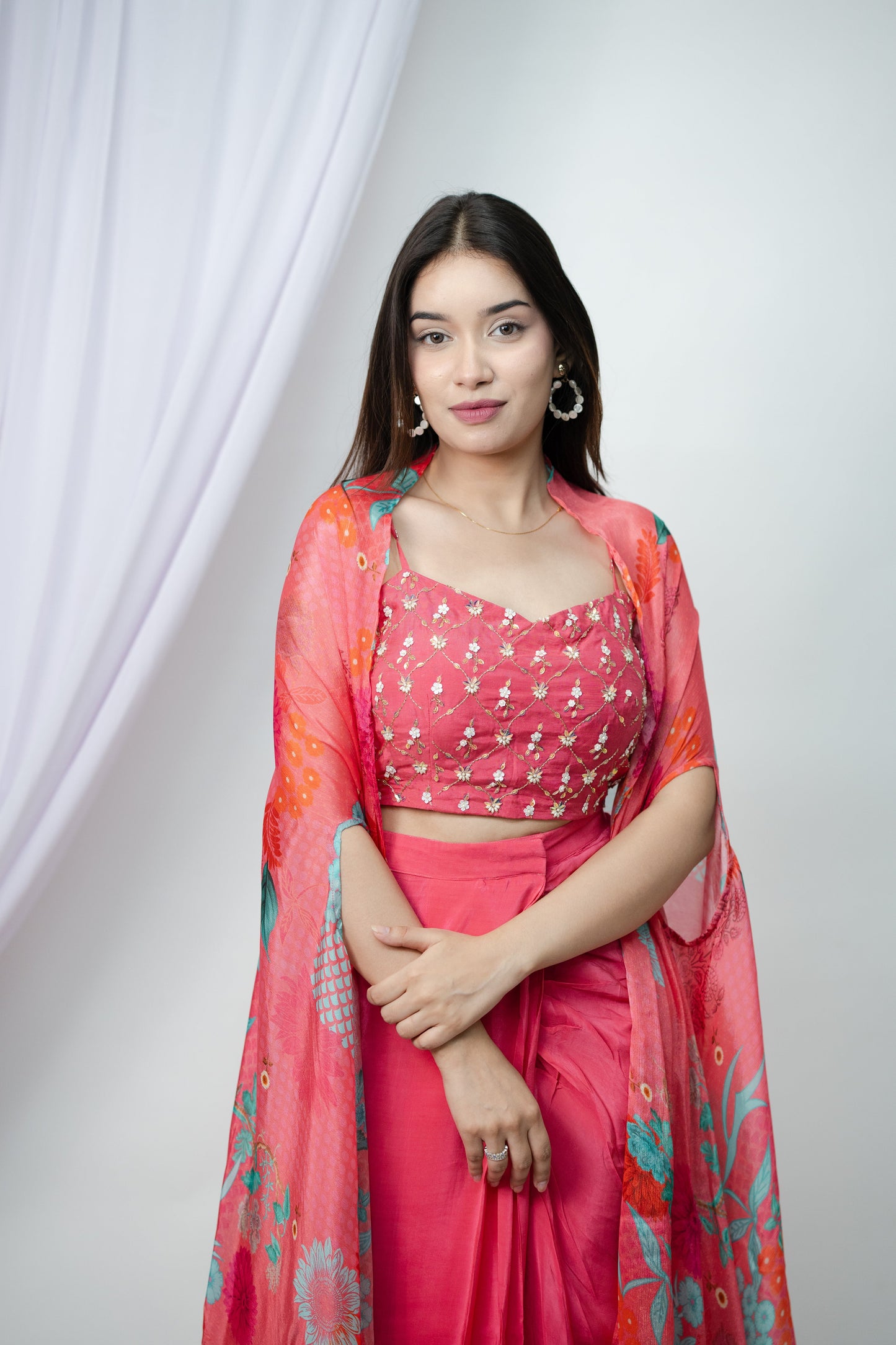 Bright Flamingo PInk Shrug and Draped Skirt Set
