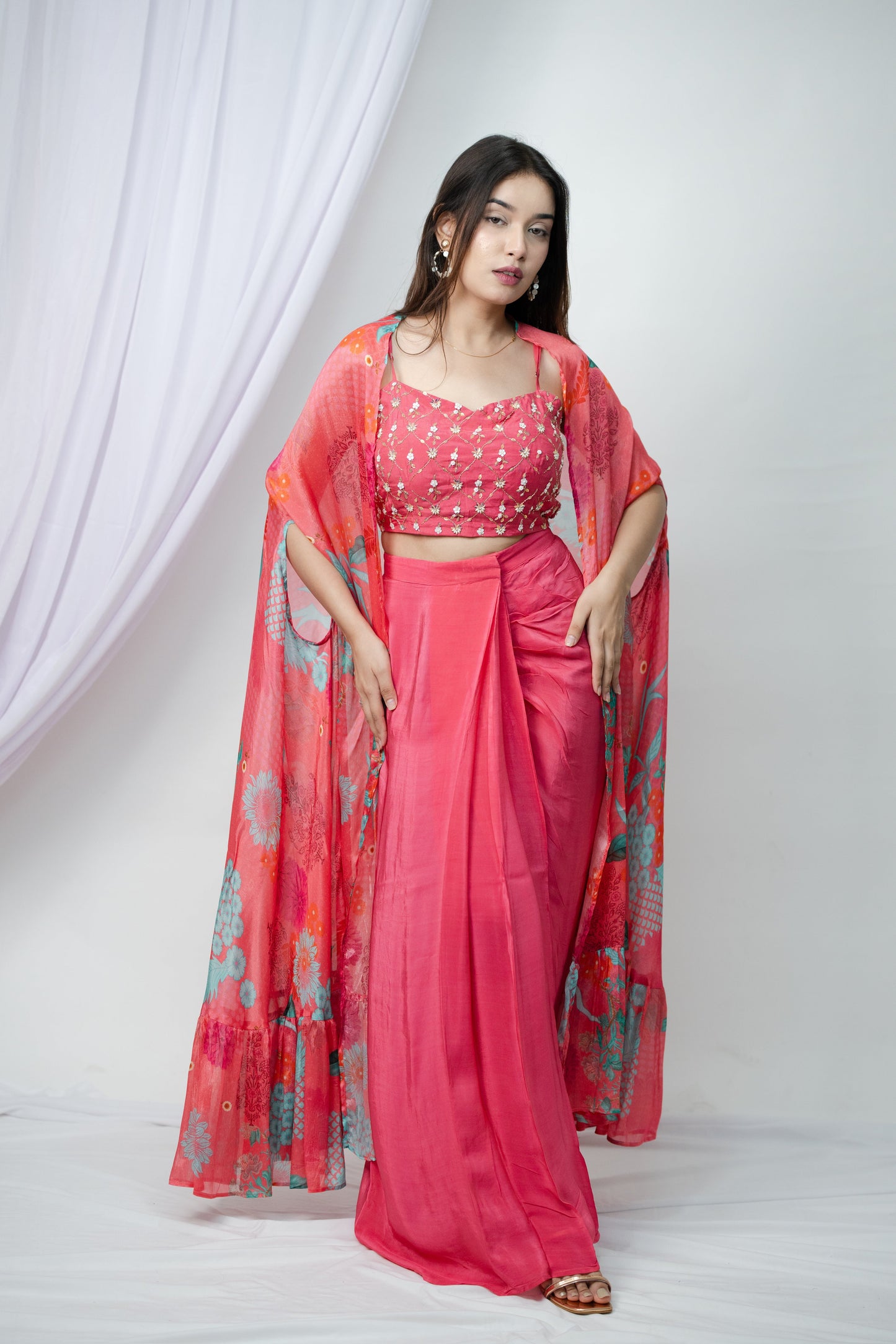Bright Flamingo PInk Shrug and Draped Skirt Set