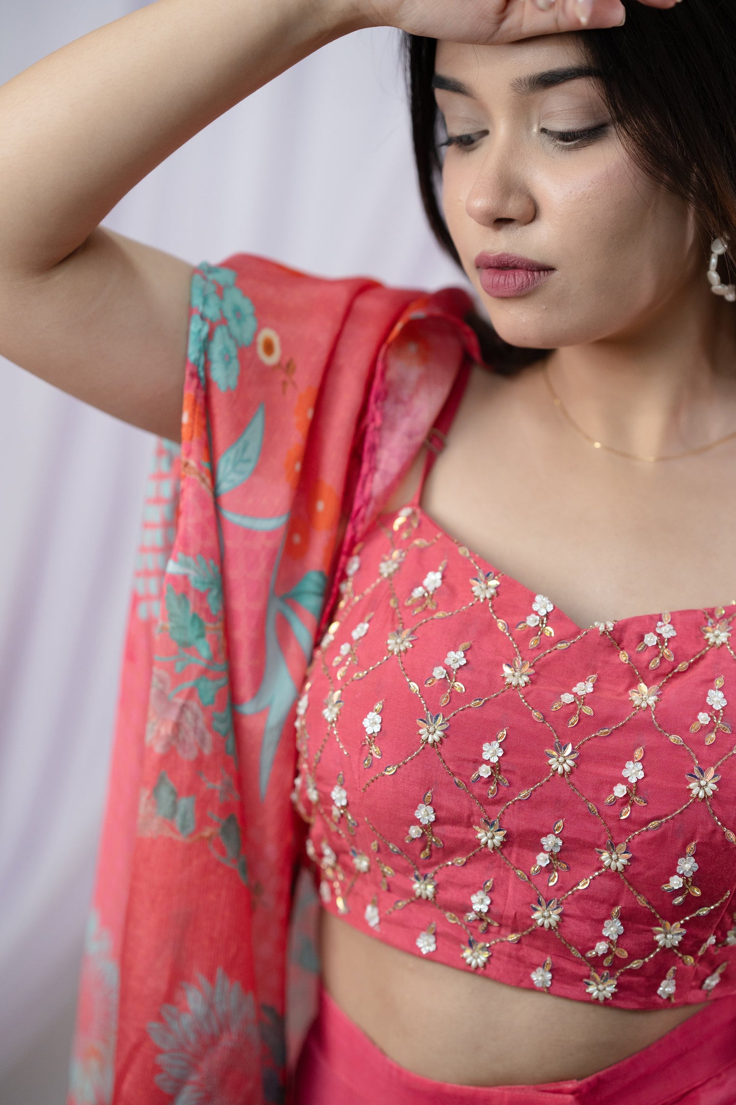 Bright Flamingo PInk Shrug and Draped Skirt Set