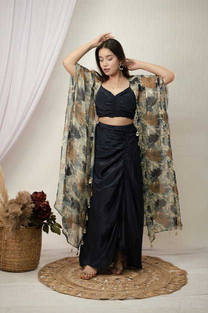 Navy Blue Gulab Shrug and draped skirt set