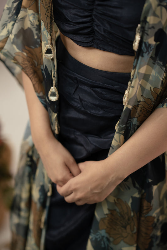 Navy Blue Gulab Shrug and draped skirt set