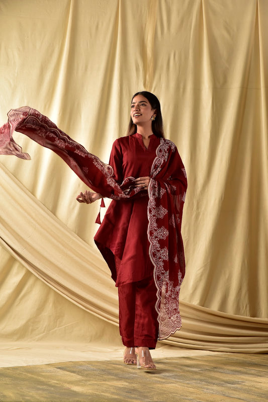 Maroon Assymetrical Kurta Set
