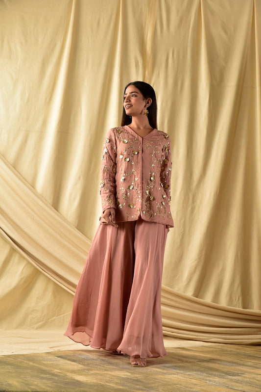 Beige Baghicha Peplum Kurta and Plazzao Set