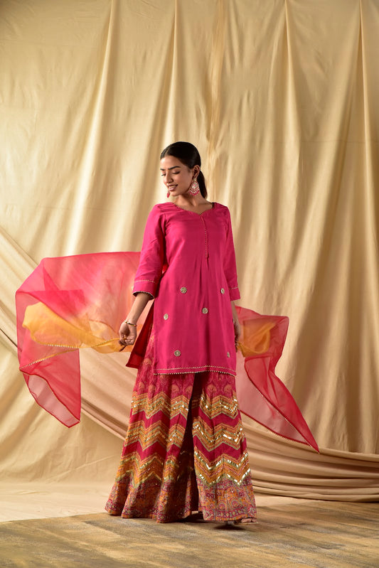 Sober Pink Kurta with Printed Kali Sharara Set